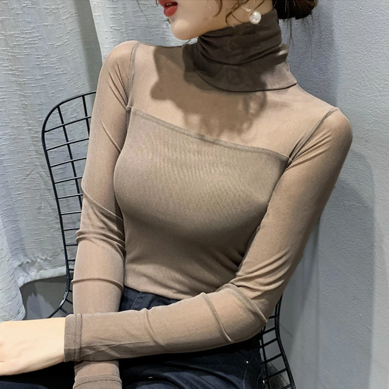 Autumn Winter High Collar T shirt Women Sexy Mesh Bottoming Shirt Long Sleeve Solid Color Slim Fit Long Sleeve Casual Tops