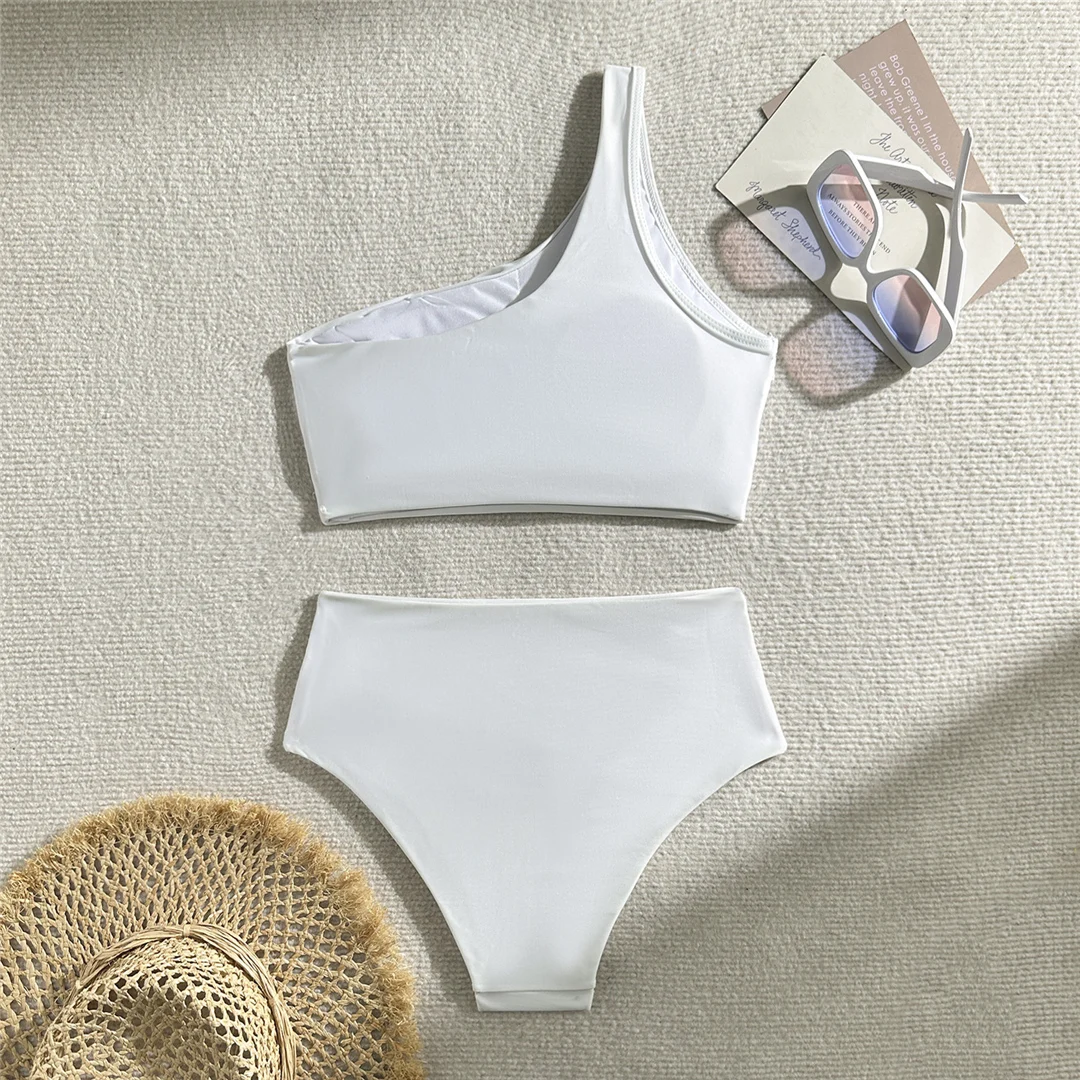 Neuer, geraffter, asymmetrischer Bikini mit hoher Taille, Damen-Badeanzug, zweiteiliges Bikini-Set, Badebekleidung, Badeanzug, Modell V5857. – Detail 17