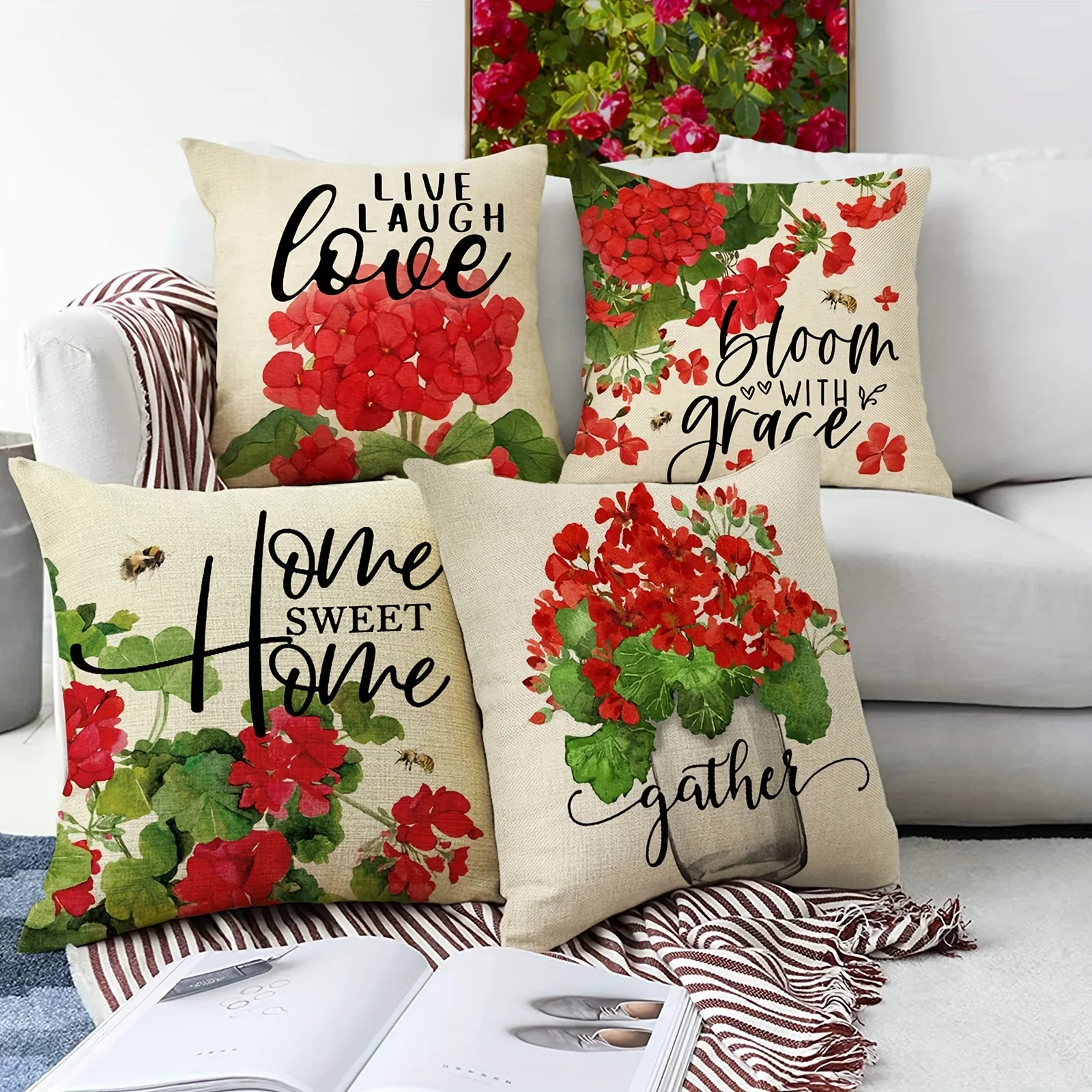 1pc Linen  Vase Red Flower Summer Throw Pillow Cover (Cushion Is Not Included)