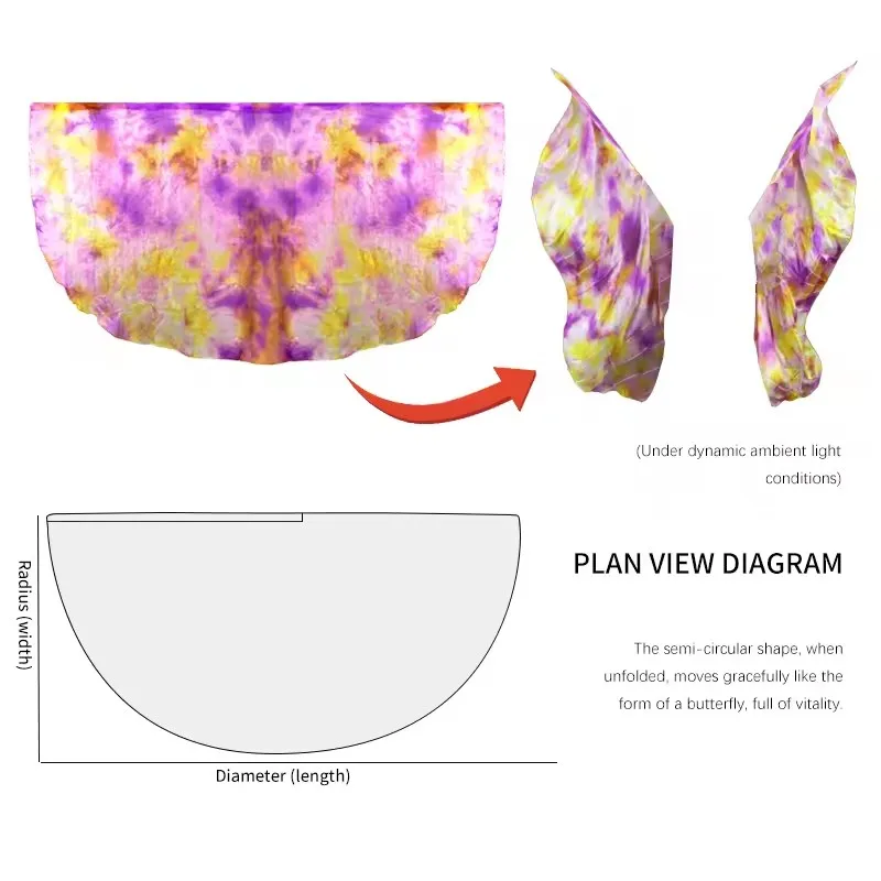 100% seda real 1 par de acessórios de dança do ventre lance seda semicírculo véu xale feminino tingido prática desempenho adereços bandeira da igreja