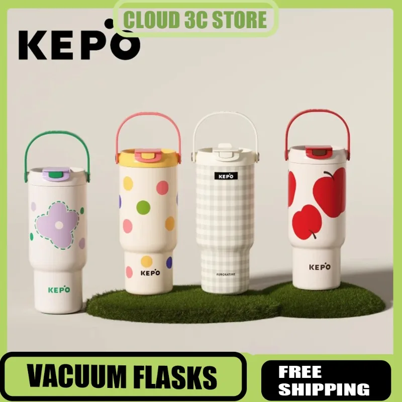 

KEPO Large Capacity Thermos Bottle Double Drinking Cup Portable Outdoor Sports Straw Cups with Handle Leak-proof Thermal Bottle