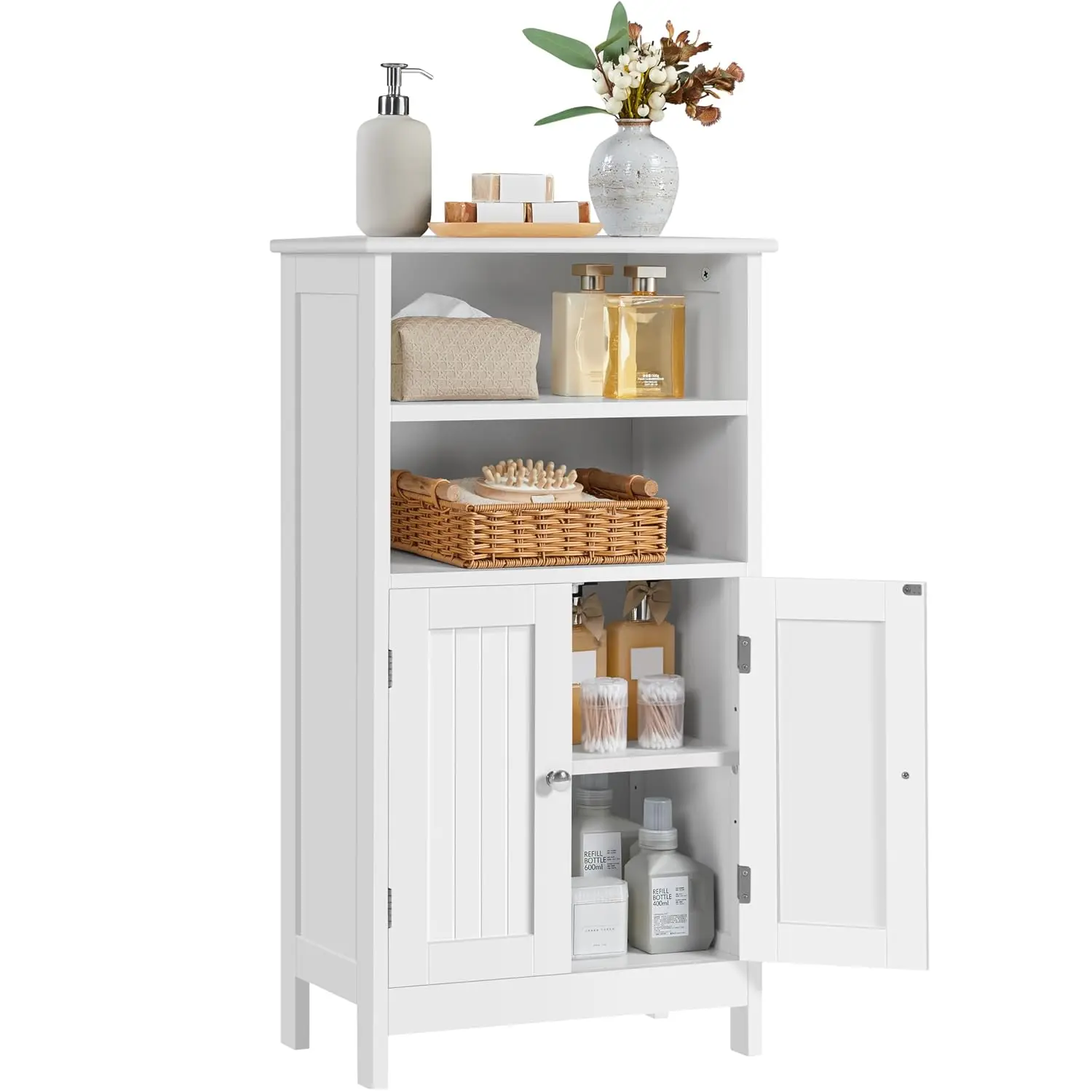Bathroom Storage Cabinet with Shelves and Beadboard Doors, White