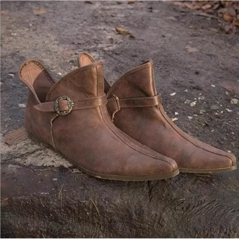 Knight Prince Shoes Pirate Boots Medieval Women's Vintage Brown Buckle Leather Boots Short Flat Shoes Cosplay Pirate Renaissance