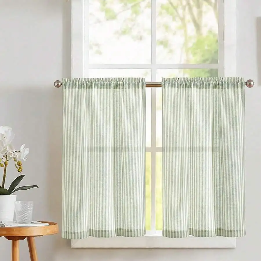 Stripe Farmhouse Kitchen Cafe Curtains 36 Inch Rod Pocket Tier Drapes Semi-Sheer Small Window Treatment 2 Panels