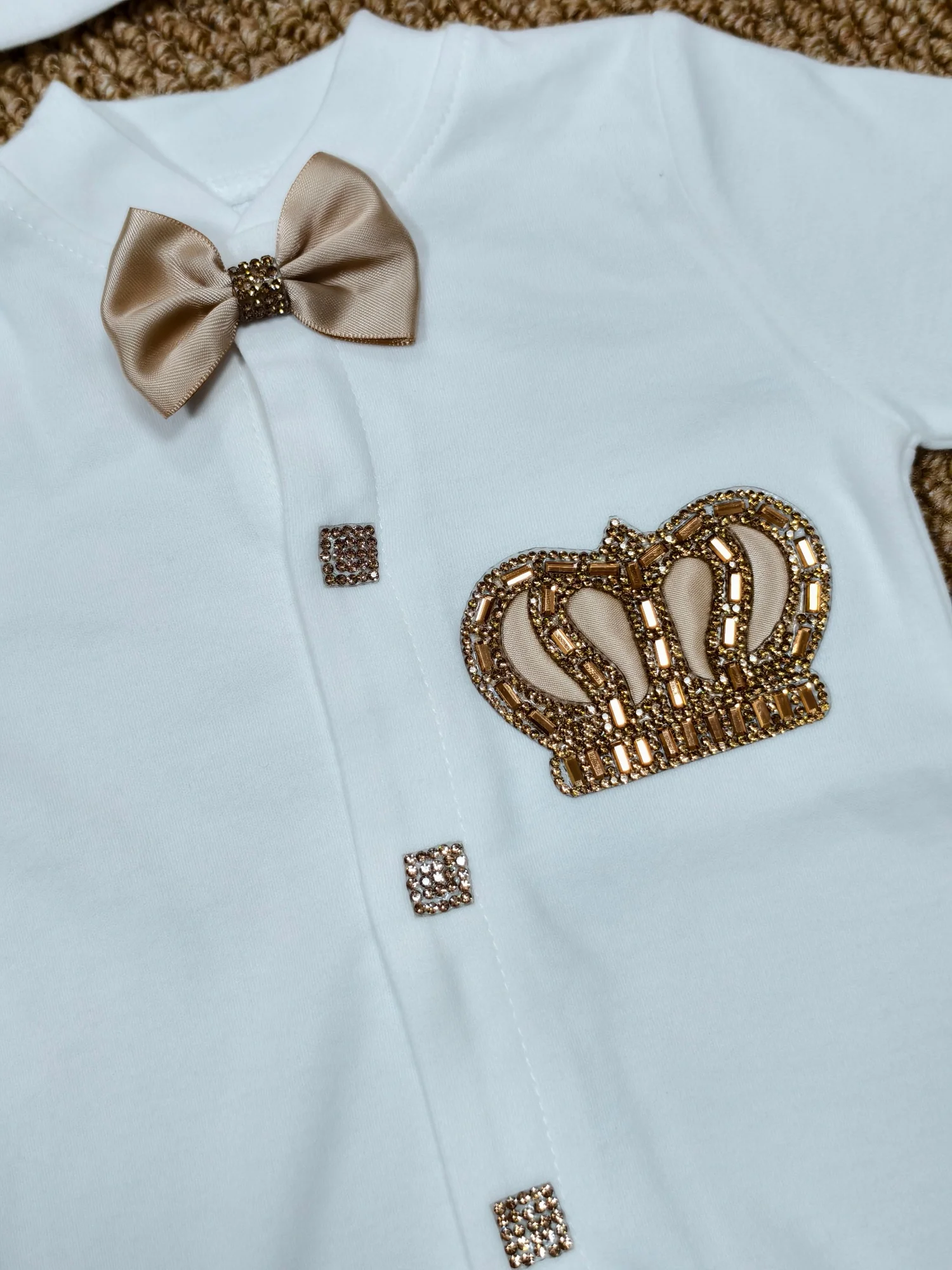 Baby Footed Romper Newborn 0-9 Months 4Pcs White Champagne Gold Prince Crown Bow Royal Baptism Boutique Baby Gift