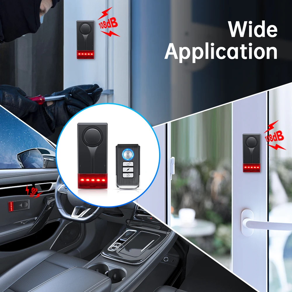 Extractm Car Vibration Sound And Light Alarm 108dB Door And Window Motorcycle Anti Theft Home Alarm 3 Level Volume Adjustment