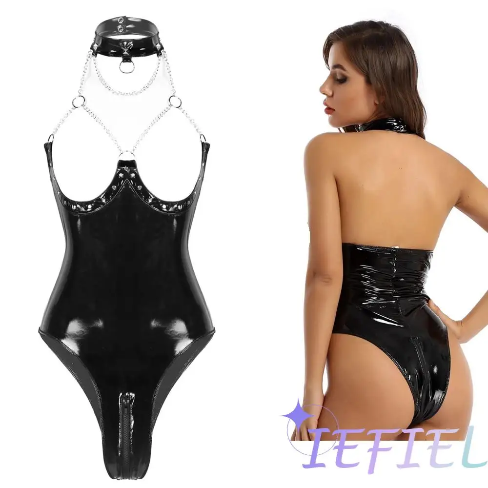 

Women Wetlook Leather Opening Breast Bodysuit Cupless Bustier Nightwear Jumpsuit High Cut Thong Leotard Clubwear Catsuit Teddy