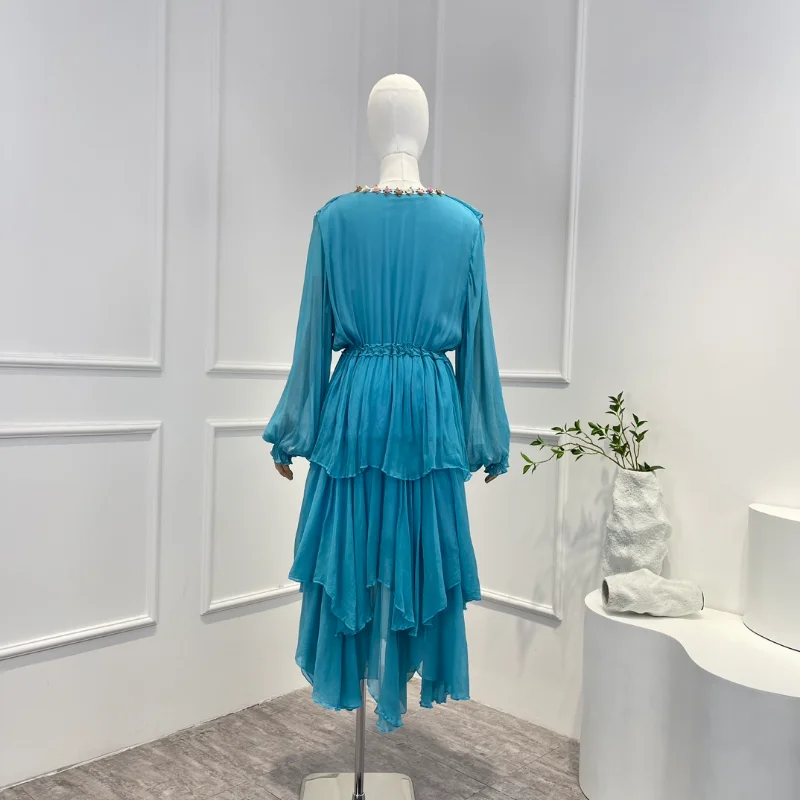 2023 New Collection Women Fashion Yellow Blue Silk Cascading Flouncing Ruffles Long Lantern Sleeve Midi Dress