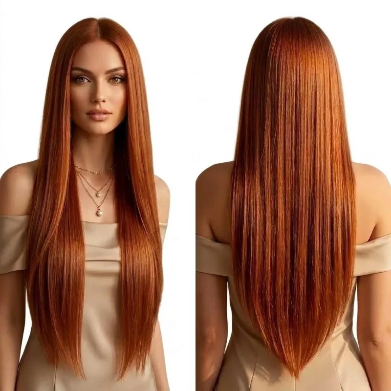 

Women 13*4 Lace Front Dark Orange Long Straight Wig Heat Resistant Natural Realistic Synthetic Hair Daily Dating