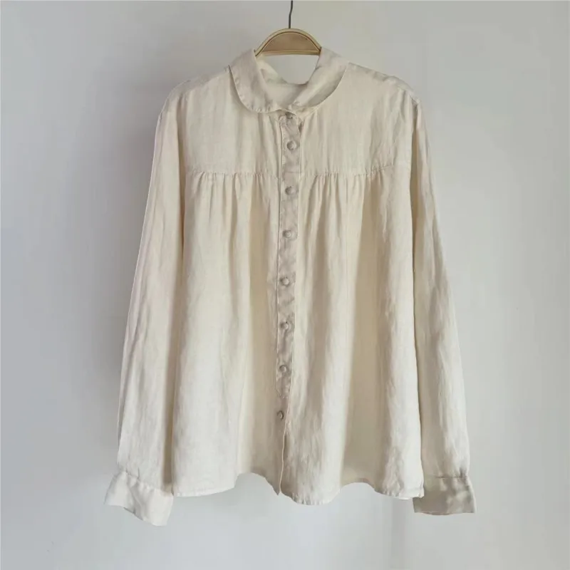 Johnature Spring New Women Button Shirt Linen Doll Collar Simple Elegant Versatile Casual Shirts