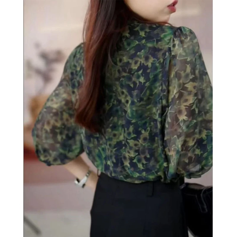 Women's Vintage Fashion Print Chiffon Blouse Elegant Commute 3/4 Sleeve Shirt Summer Casual O Neck Loose Tops Blusas Para Mujer