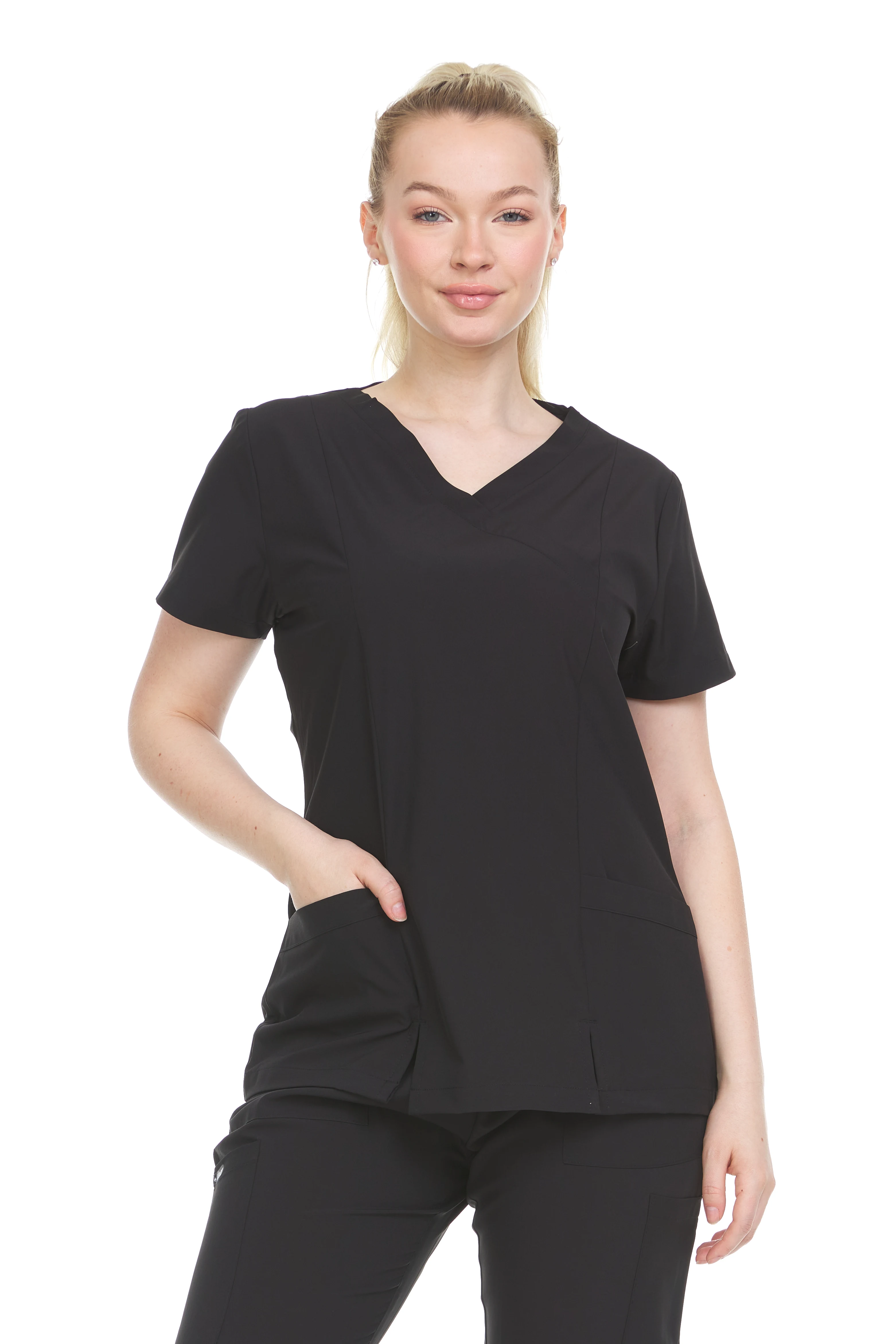 HEAL+WEAR Women Scrub Top V-Neck Short Sleeve  With Pockets 4-Way Stretch