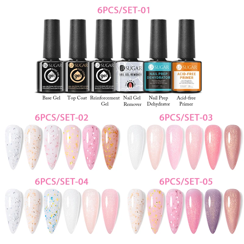 Ur Zucker 6 stücke Gummi Basis Gel Set nackt rosa Glitter Set Sammlung permanente Nail Art Maniküre DIY Design Top Base Gel