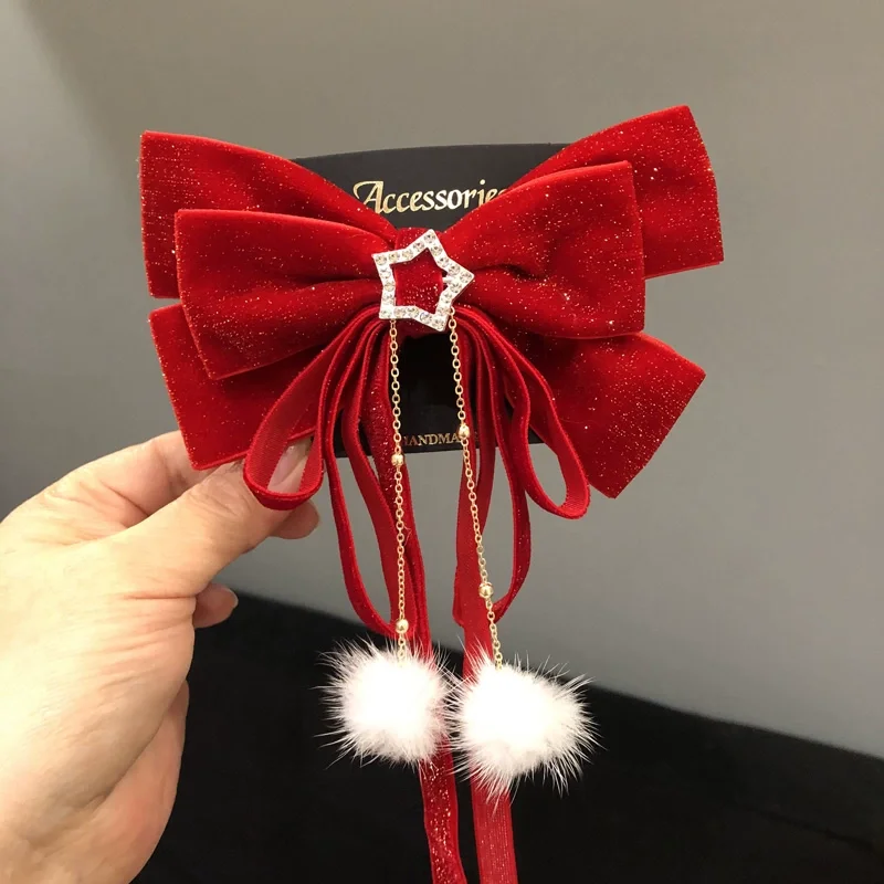 الفتيات الاطفال لطيف الأحمر المخملية المهرجانات دبابيس الشعر اكسسوارات الشعر السنة الجديدة الأطفال القوس الشريط مقاطع الشعر المشابك أغطية الرأس الجديدة