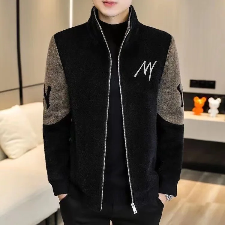

Men's ort Thiened Lamb Velvet Jaet Autumn Winter Outerwear Casual Embroidered Youth Coat Stand Fit Long Sve Zipper
