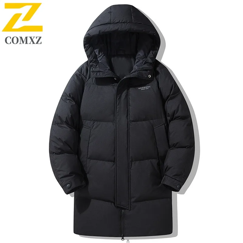

COMXZ 2025 Men Long Down Jacket Outdoor Hiking Travel Cold Resistant Filler Down Minimalist Daily Style Lightweight Winter Coat