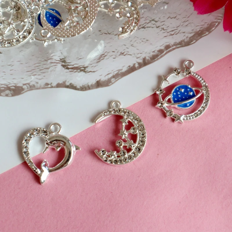 10PCS Trendy Shiny Planet Moon Love Heart Metal Pendant With Zircon Alloy Charms DIY Necklace Bracelet Keychain Earing Accessory