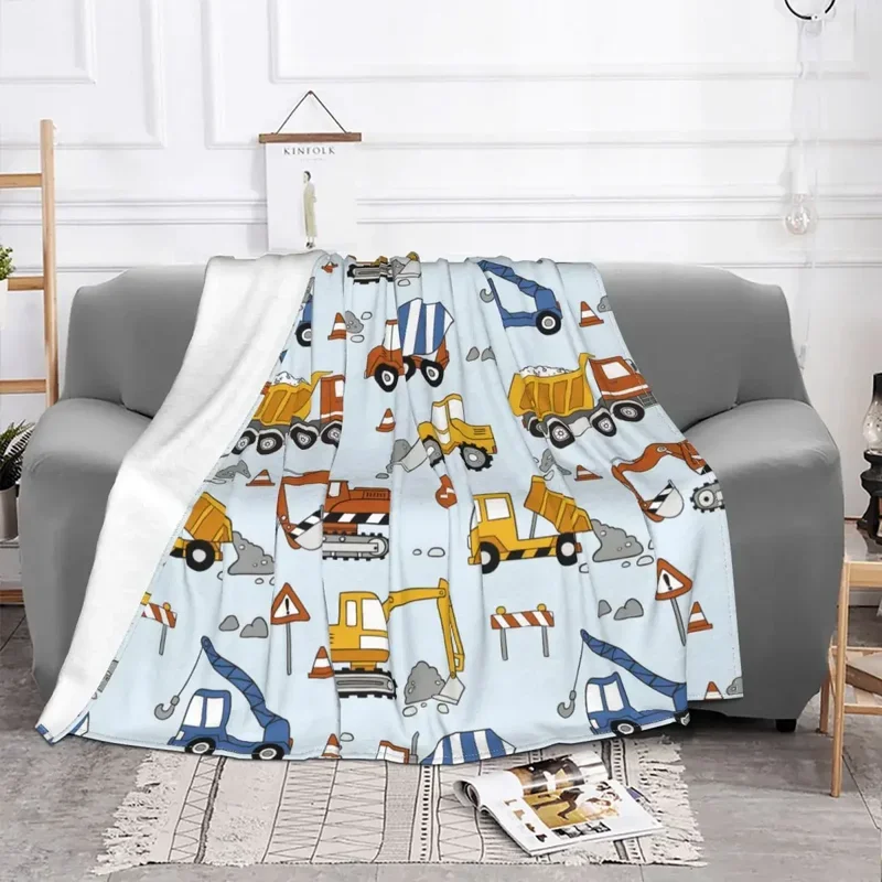 Construction Trucks Bulldozers Pattern Knitted Blankets Flannel Excavators Cartoon Soft Throw Blankets for Bedroom Sofa Bed Rug