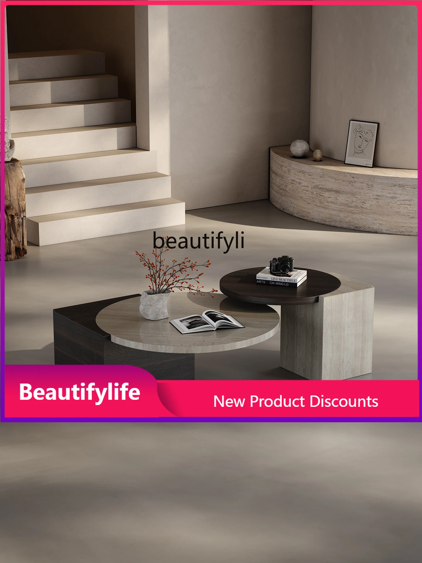 

H Italian Style Travertine Coffee Table Set Living Room Irregular Marble Light Luxury Modern Coffee Table