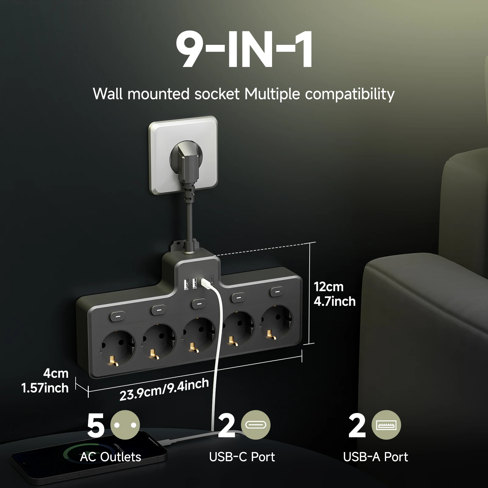 9-in-1 European Power Board Multi-Switch Power Plug Board with 5 AC Outlets 2 USB And 2 Type Interfaces Desktop Wall-Mounted