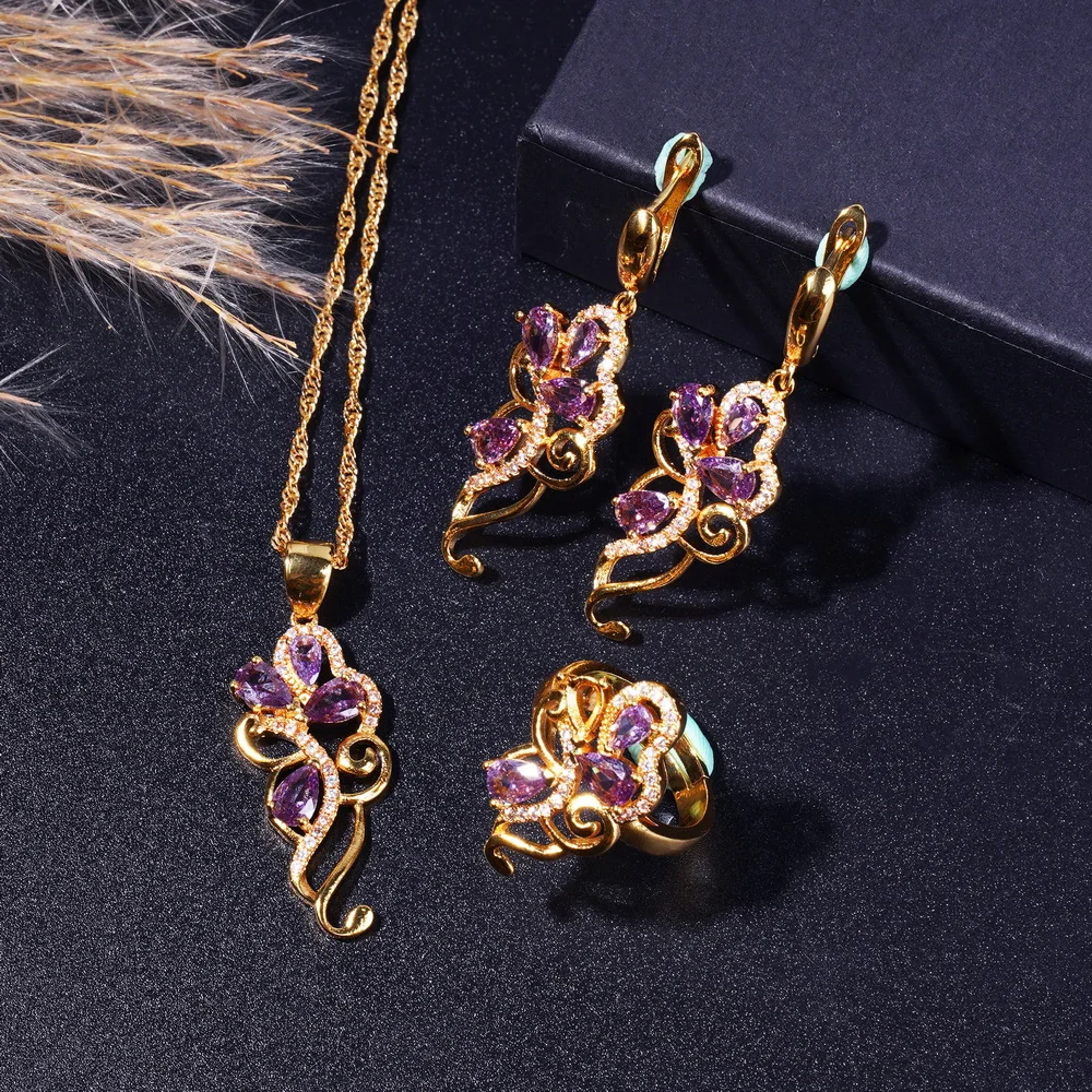 5pcs Purple Cubic Zirconia Jewelry Set, 18K Gold-Plated Jewelry Set  Earrings Bracelet Ring And Necklace Set, Elegant Party Gift