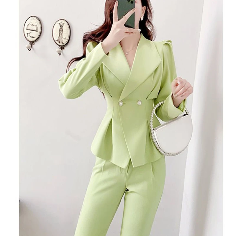 Spring Autumn Women Green Blazer Pants Two Piece Set Korean Office Lady Graceful Slim Coat Flare Trousers Suit Jacket Outfits