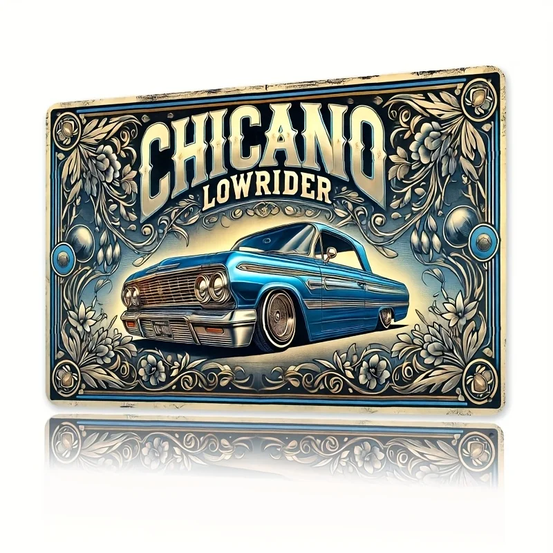 Retro Chicano Lowrider Tin Sign - Vintage Blue Car Metal Wall Art, Rustic Iron Decor for Home, Bar, Cafe, Garage, Farmhouse, Me