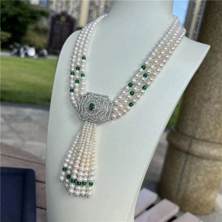 Jewelry 20\'\' 3 Strands Cultured White Pearl Green agate Necklace White Pearl Cz Pendant