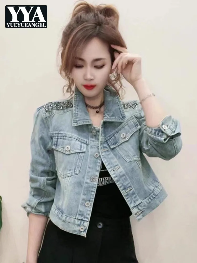 

New Autumn Beading Women Short Denim Jacket Top Turndown Collar Single Breasted Outerwear Office Ladies Long Sleeve Fashion Coat