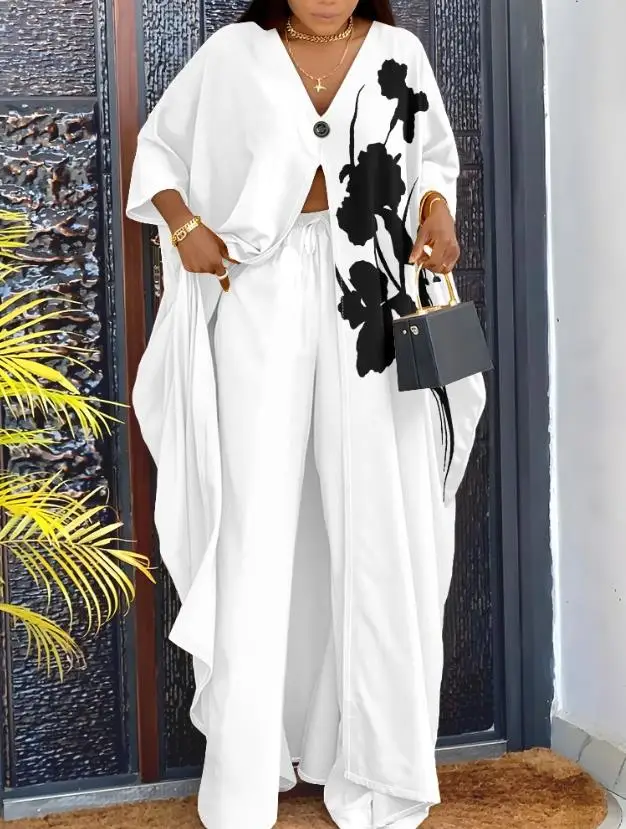 

Two Piece Set Women Outfit 2025 Spring New Floral Print V-Neck Batwing Sleeve Longline Slit Top & Casual Pants Set with Pocket