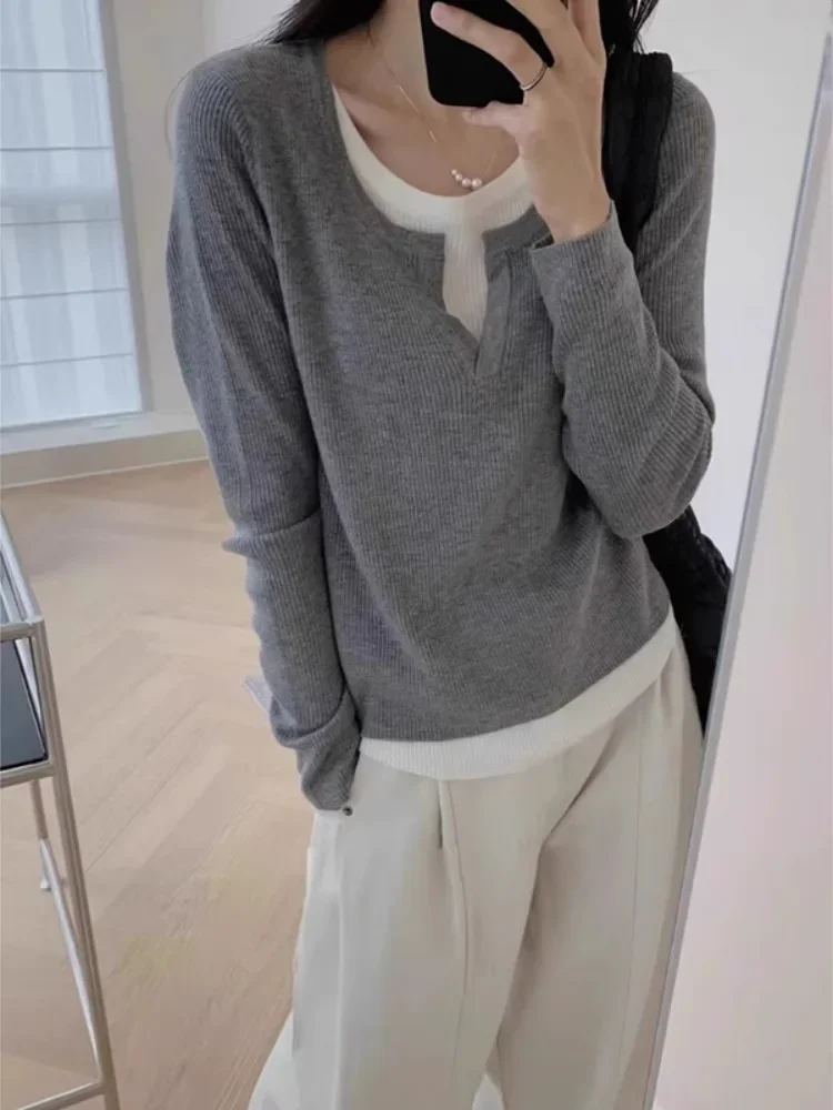 

O-neck asymmetrical hem women's long sleeve T-shirt slim fit knitted top fake two-piece splicing design women's top