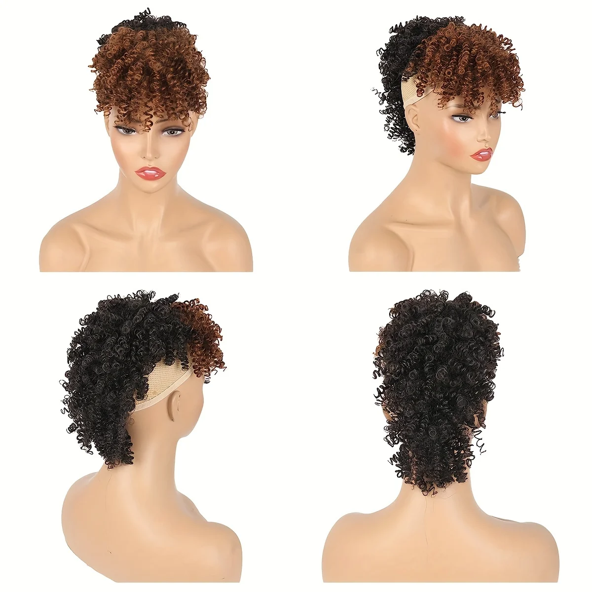 Chic Afro Curly Mohawk Wig with Brown Bangs - Transformative Clip-In Ponytails for Women - High Puff Afro Bun Style - Lustrous S