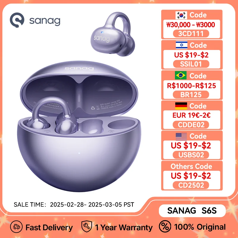 Sanag S6S FreeClip sonido estéreo 3D auriculares Bluetooth auriculares abiertos Clip de oreja OWS auriculares inalámbricos deportivos TWS auriculares