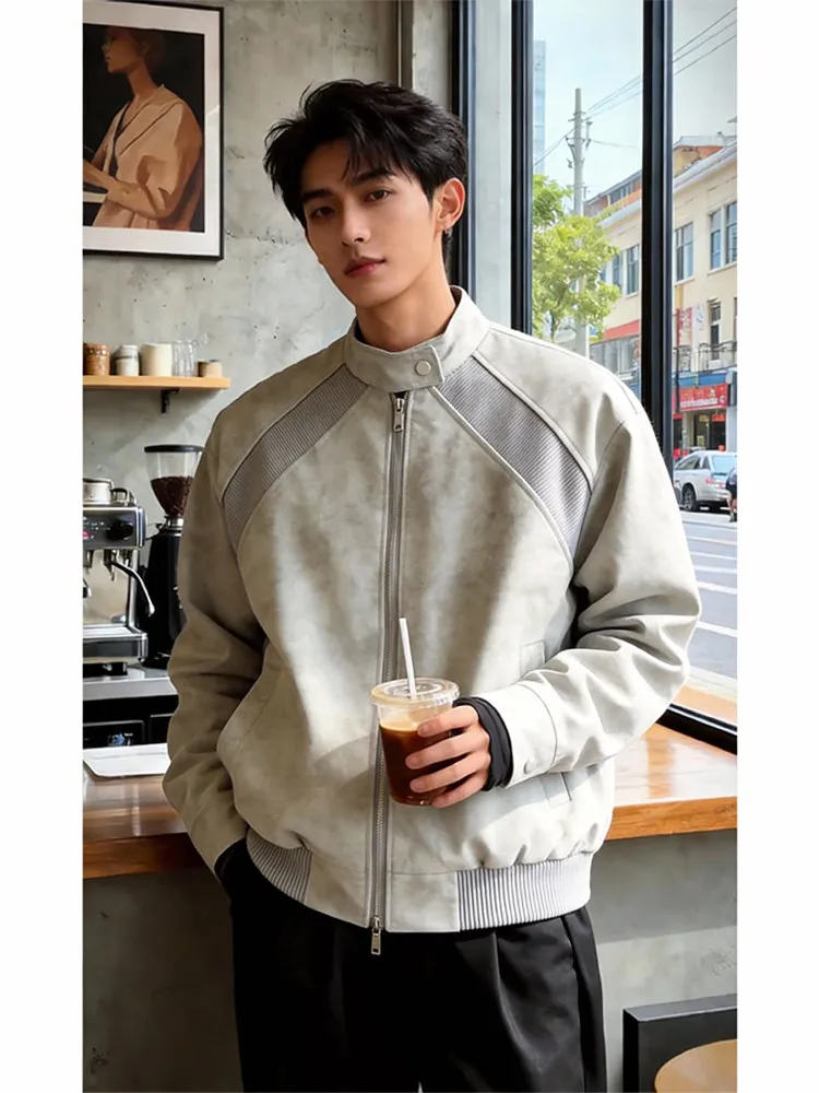 Deconstructed Suede Patchwork Jacket Men's Short Style Motorcycle American Baseball Coat Casual Loose Fit Zipper Decorated