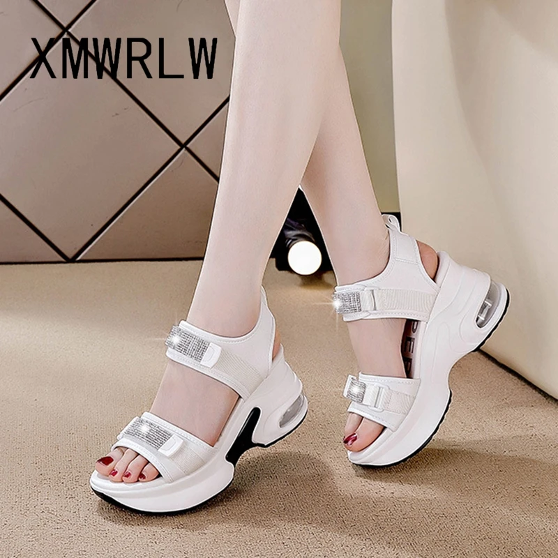 XMWRLW Genuine Leather Women Summer Sandals Casual Hook Loop Women High Heels Sandals Summer Shoes Rubber Sole Ladies Sandal