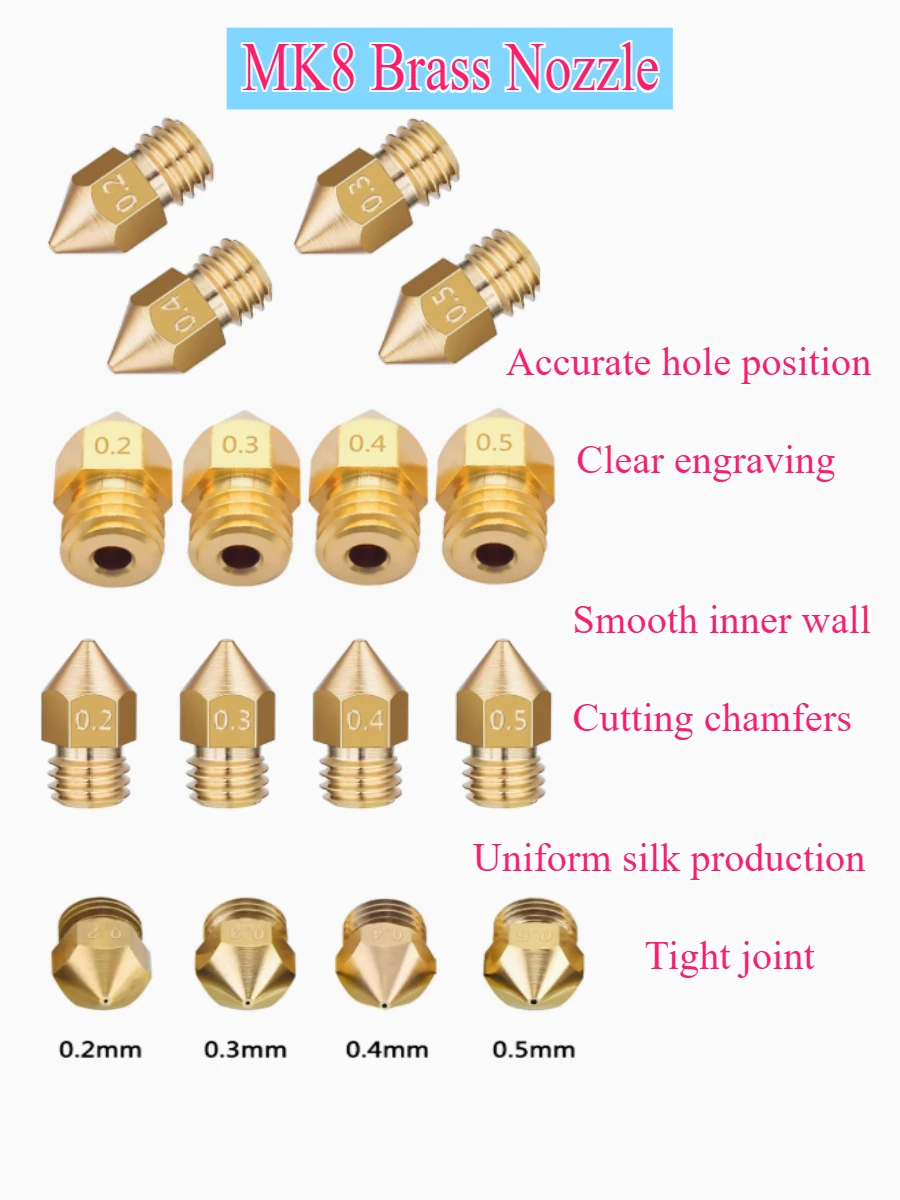 3D Printer Accessories MK8 Nozzle Brass 0.1mm-1.0mm For 1.75/3.0MM Supplies CR10 CR10S Ender-3 Extruder Head 3D Printer Nozzle