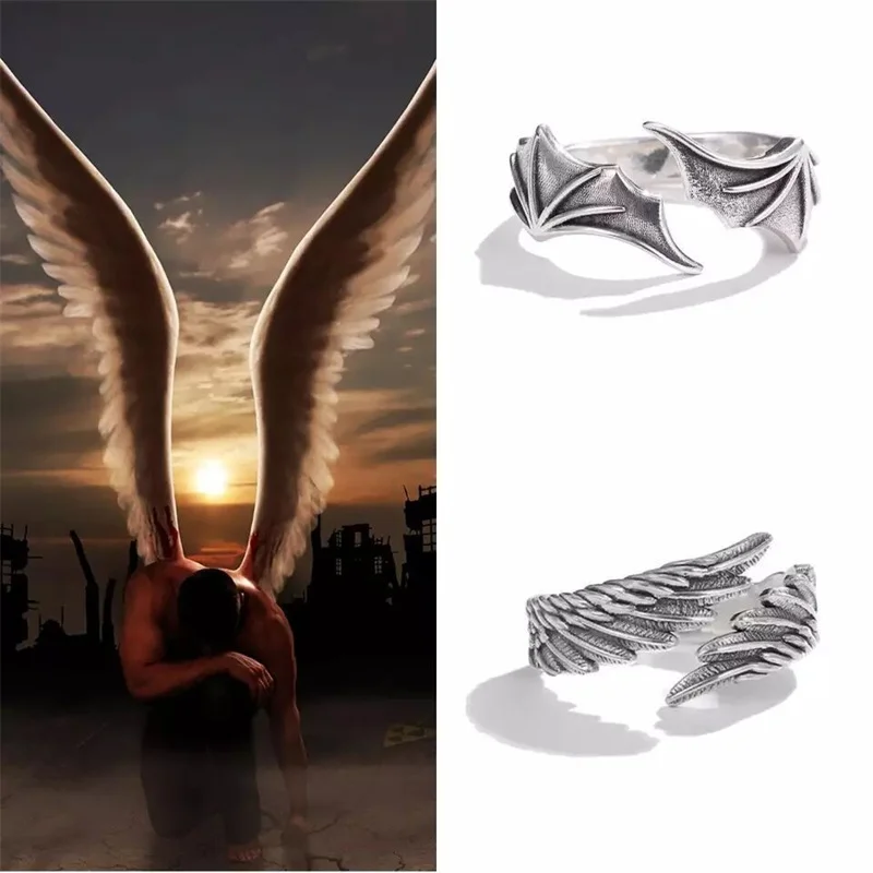 2pcs/pack Vintage Angel Wing Demon Eye Hip Hop Adjustable Couples Rings for Men Women Retro Silver Color Jewelry New