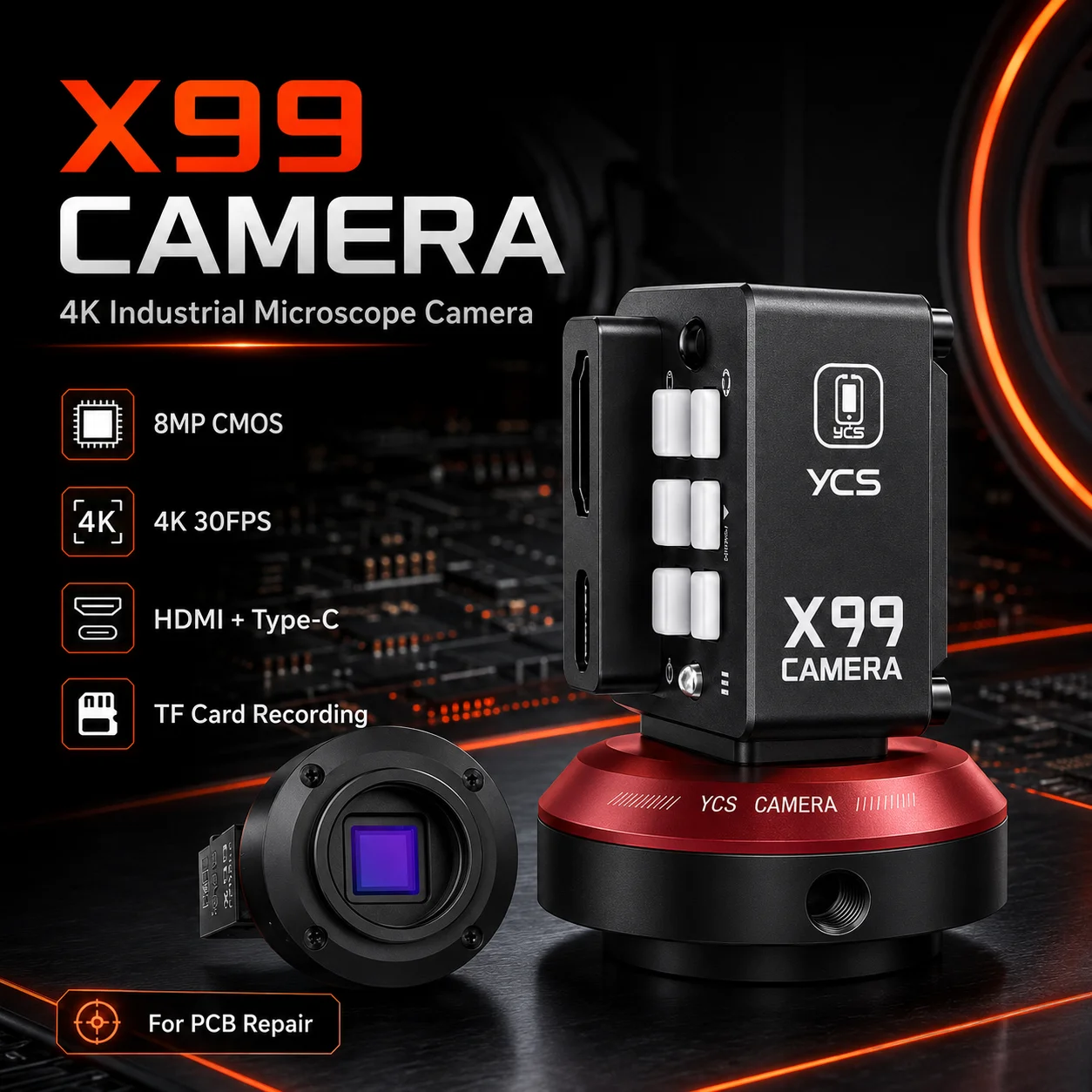 YCS X99 4K 8MP Industrial Microscope Camera, HDMI USB Type-C Output, TF Card Recording, Remote Control for PCB Phone Repair