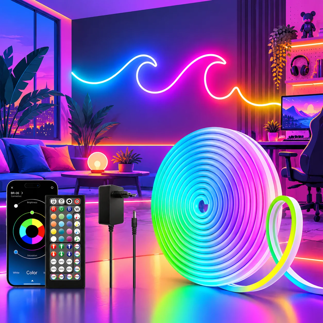 Smarte RGB-Neonlichtleiste mit App- und Fernbedienung, wasserdichter Timer, DIY-Funktion, flexible Seillampe für Gärten, Schlafzimmer, Partys