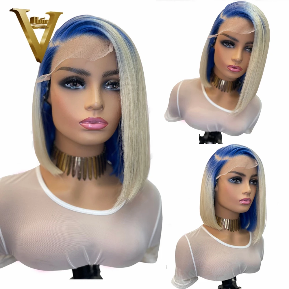 

Ombre Blue Color Short Bob Glueless Human Hair 13x4 HD Lace Front Wig Ready To Wear Pixie Cut Platinum Blonde 613 Closure Wigs