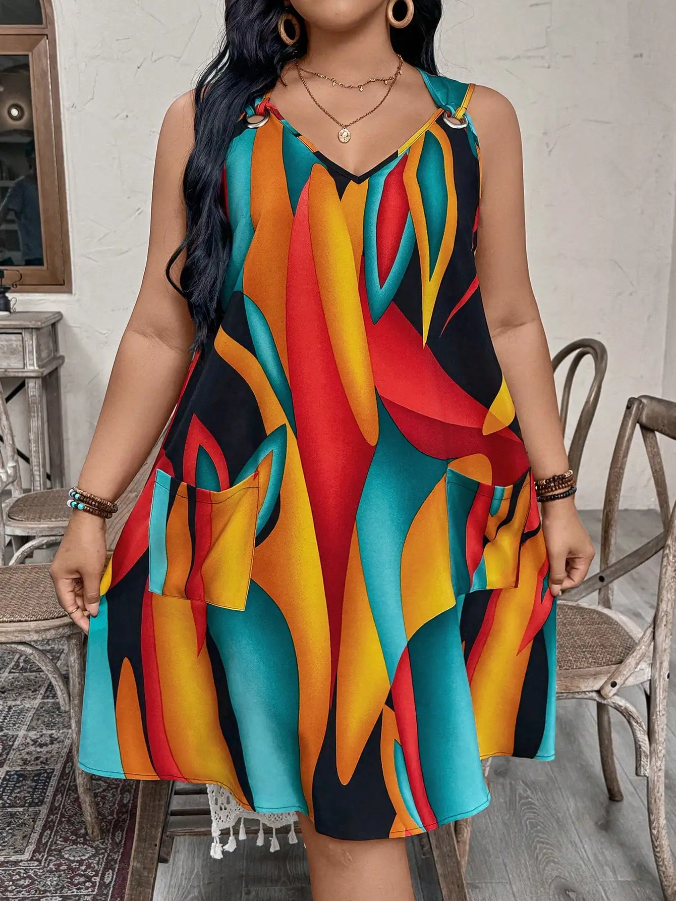 

Plus Size Colorful Print Sleeveless Casual Vacation Dress Summer Women Sun Dress