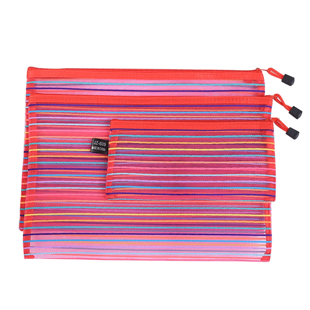 3 Pcs Nylon Mesh Bag Documents Storage Bags with Zipper Pouches Colored File Folders