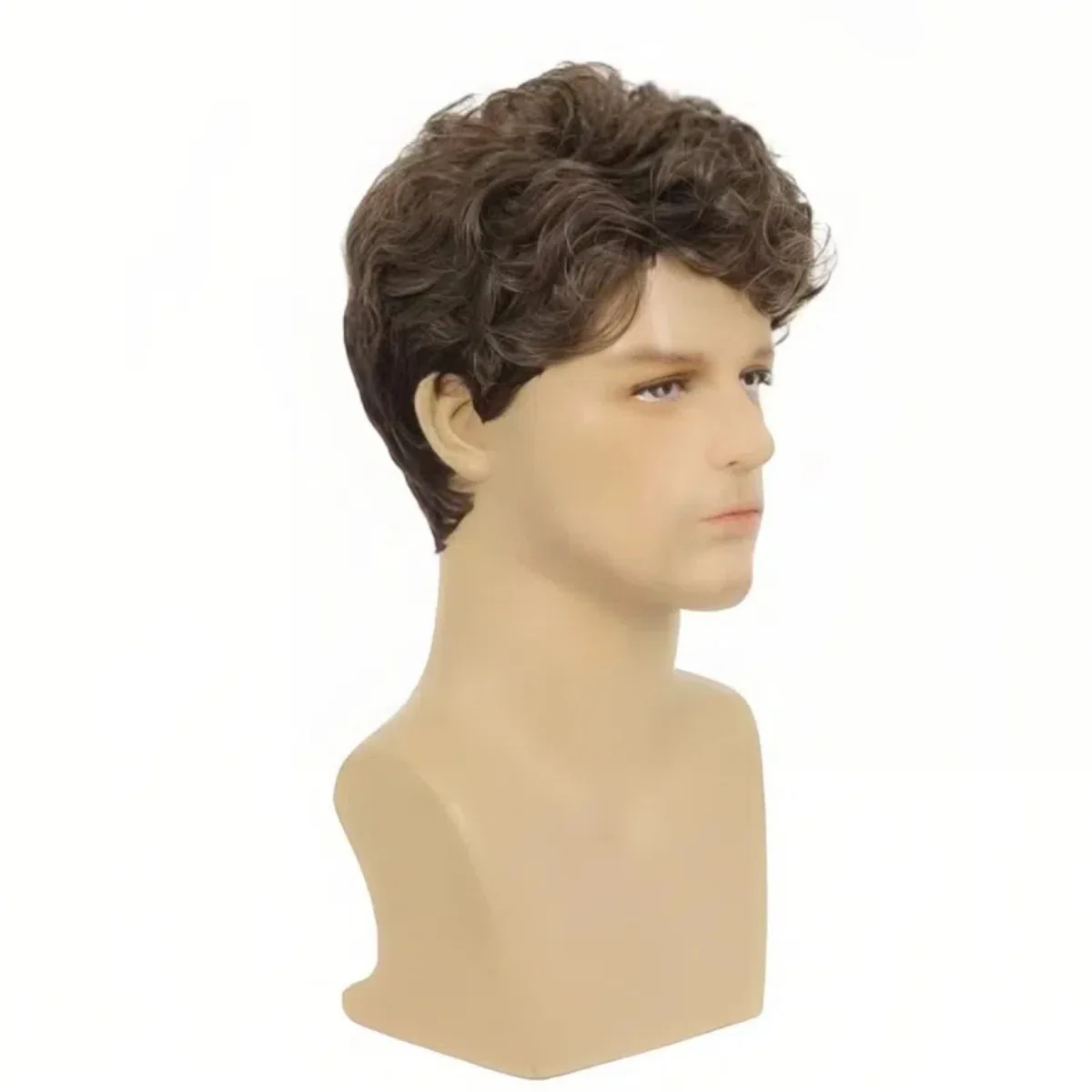 Synthetic Brown Short Curly Wig for Men Fluffy Natural Volume Stylish Male Perm Look Heat Resistant Fiber Headwear Costume Party