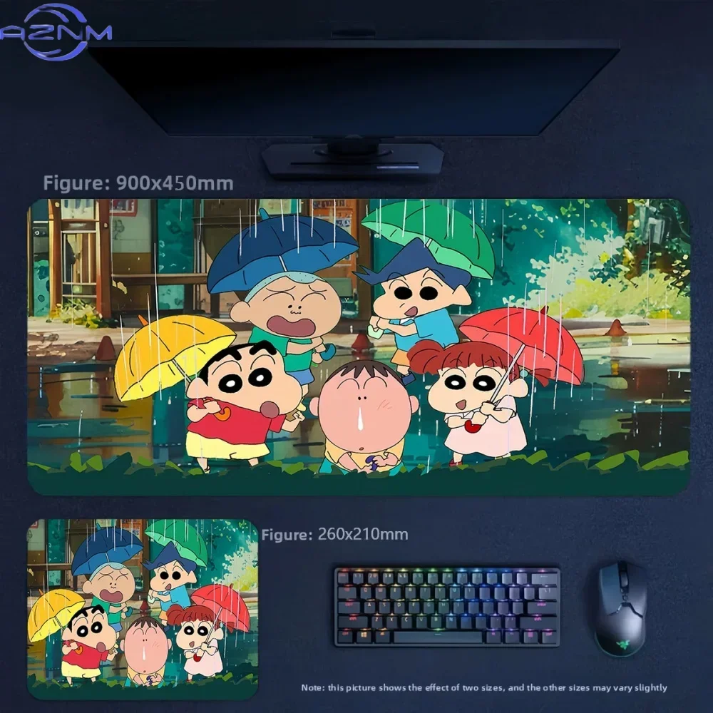 Cute Crayon Shin‑chan Friends Anime Mousepad, Rubber Non‑Slip Large Desk Mat, Colorful Rainy Day Cartoon Gaming Mouse Pad for Ke