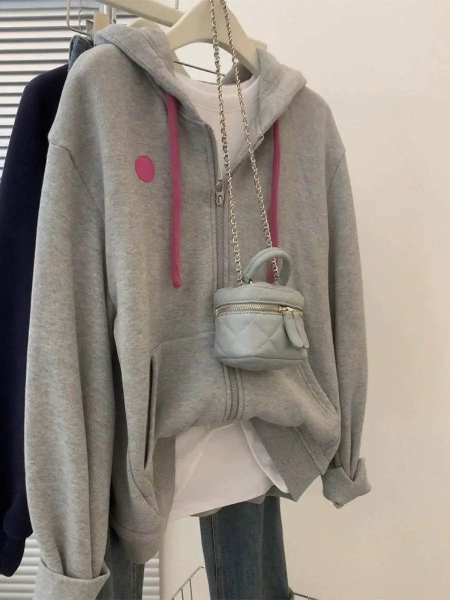 

Ретро-корейская толстовка на молнии с капюшоном и длинными рукавами, женская, весенне-осенняя, повседневная, приталенная, универсальная кофта-кардиган