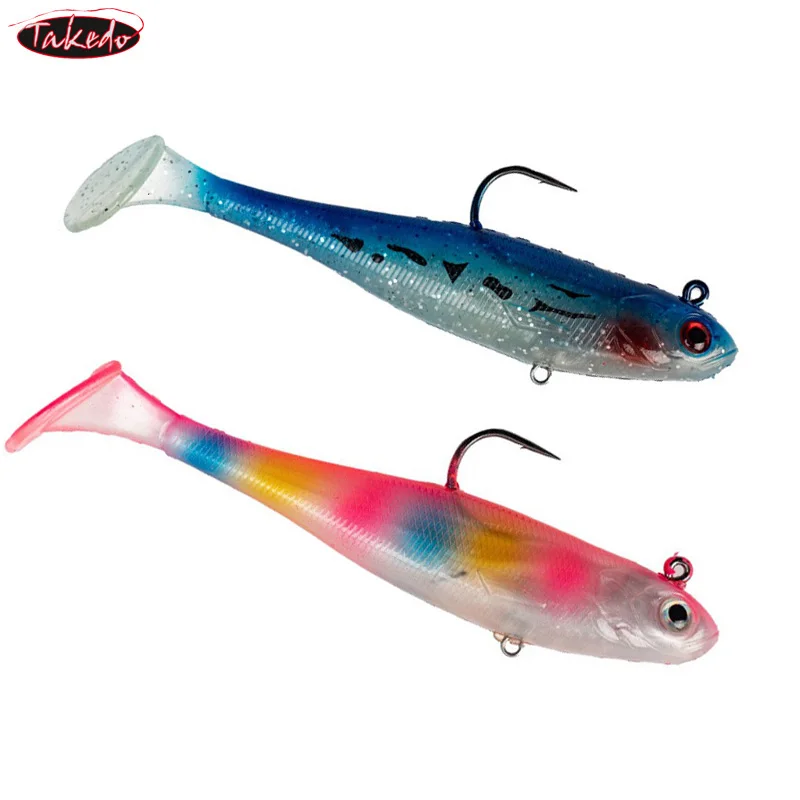 TAKEDO 2PCS/Set 120MM 27G Soft Lure Lead Jig Head Swim Bait Sinking Sea Fishing Lure T Tail PVC Aritificial Bait Bass Tuna Pike