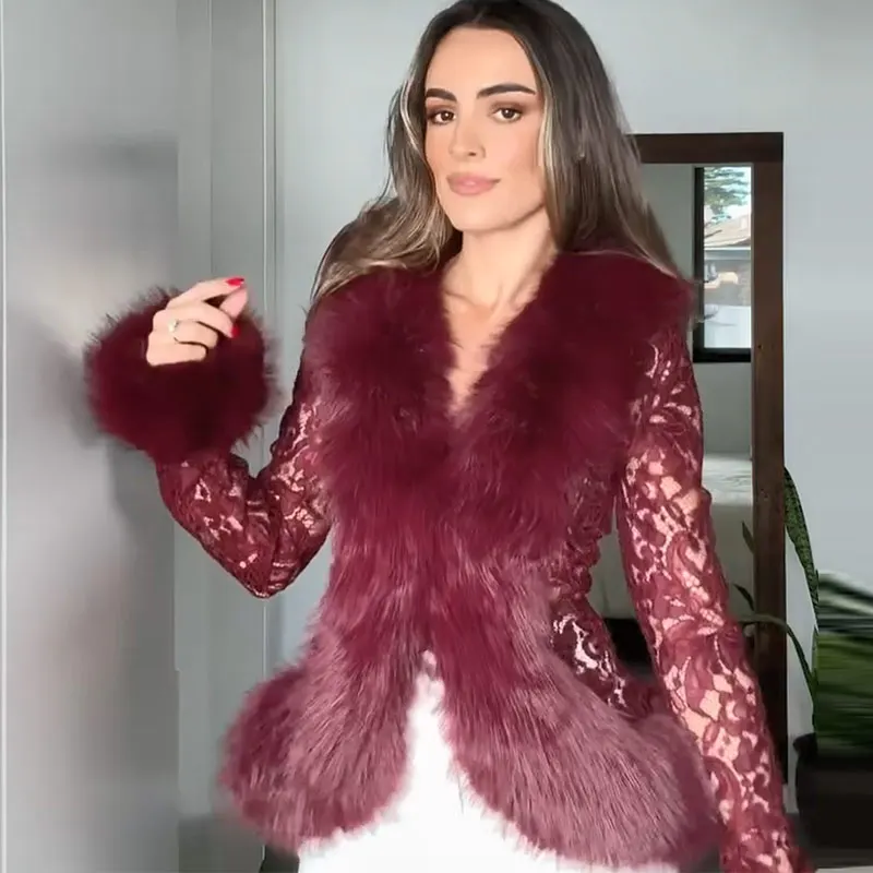 Modischer Wintermantel aus Kunstpelz mit Spitzen-Patchwork und Blumenmuster, Langarm, Damen-Oberbekleidung, Schicke Damen-Streetwear für Partys, Herbst 2026 – Detail 12