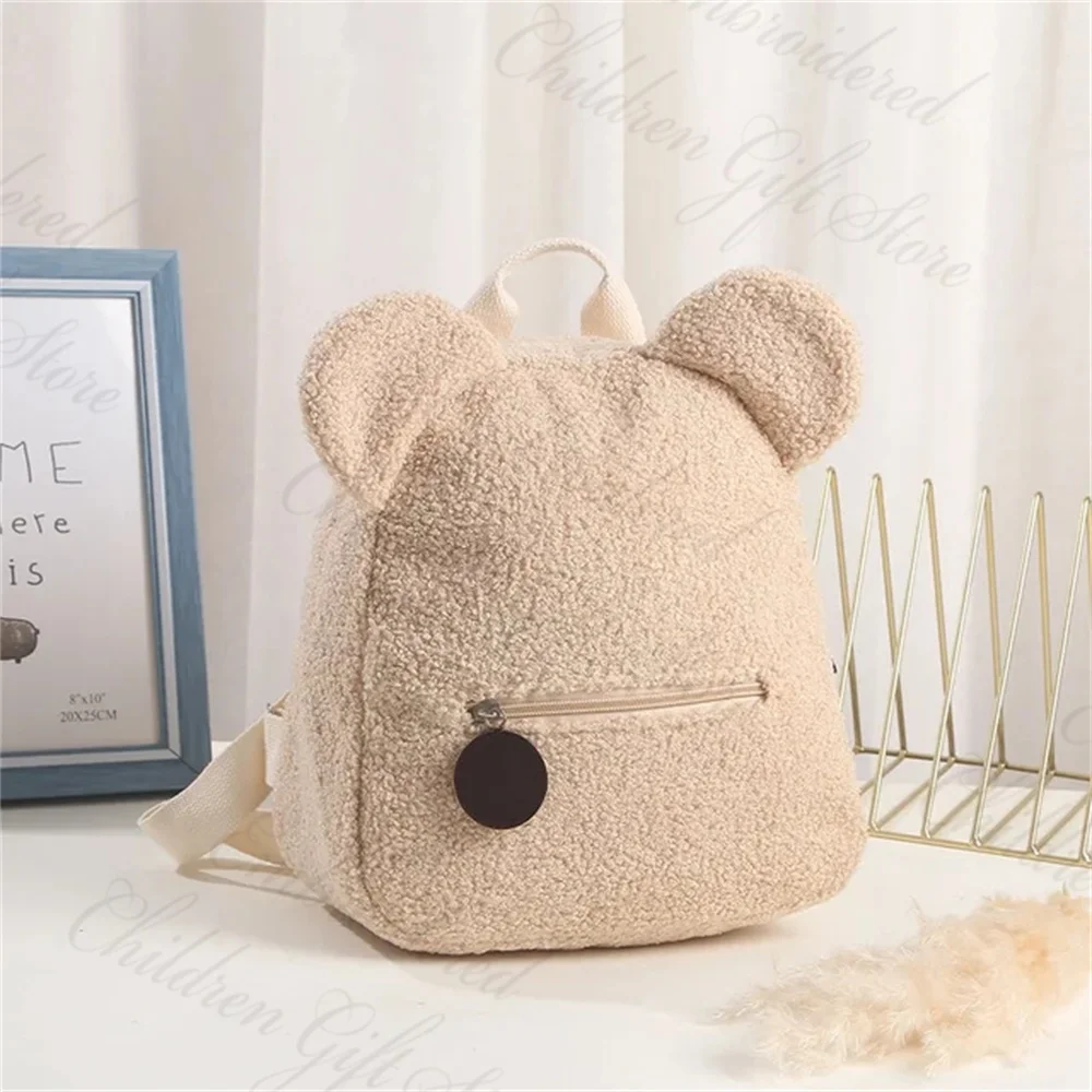 Toddler Backpack Pink\\Beige Bag Personalized Name Lightweight Plush Bear Bag Children\'s Custom Name Outdoor Snack Plush Backpack