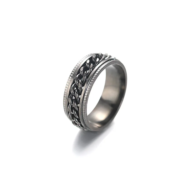 Vintage Chain Design Spinner Ring for Men Stainless Steel Band with Rotating Chain And Edge Embossing