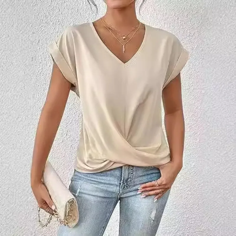 Fashion New Solid Color V-neck Shoulder Short-sleeved Hem Twist Women's T-shirt